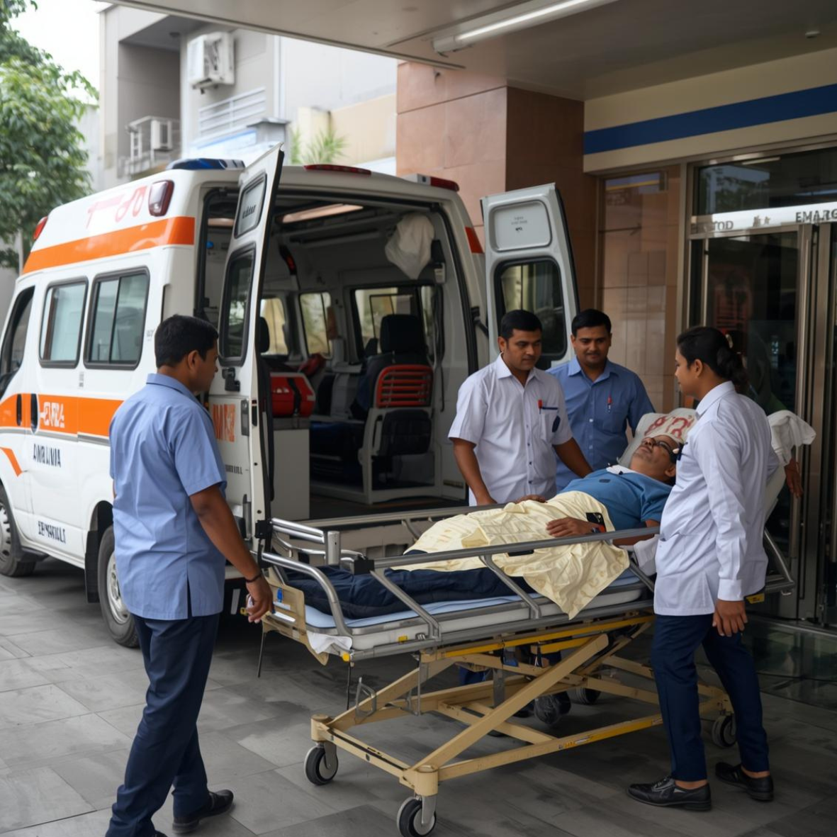 Emergency ambulance service at Farid Hospital & Maternity Care, Kalyan, with trained medical staff transferring a patient safely into the hospital for immediate emergency treatment.